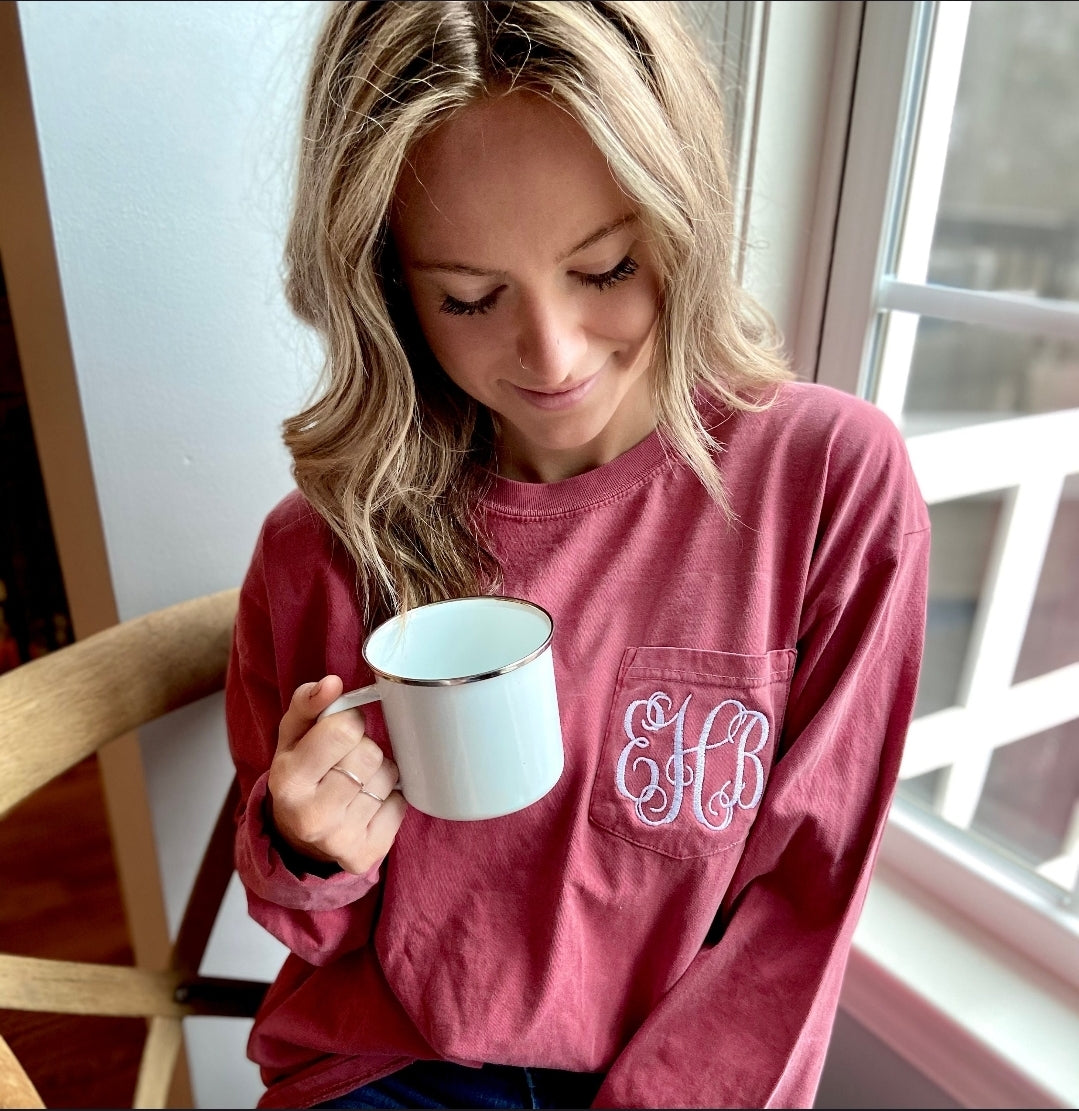 Comfort Colors (WITH pocket) Embroidery Monogram Long Sleeve